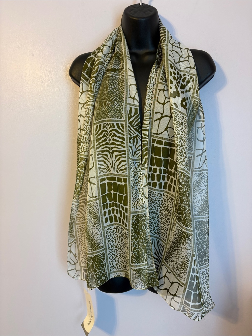 Dennis Basso Mixed Animal Print Cream Green Patchwork Semi Sheer Scarf Wrap